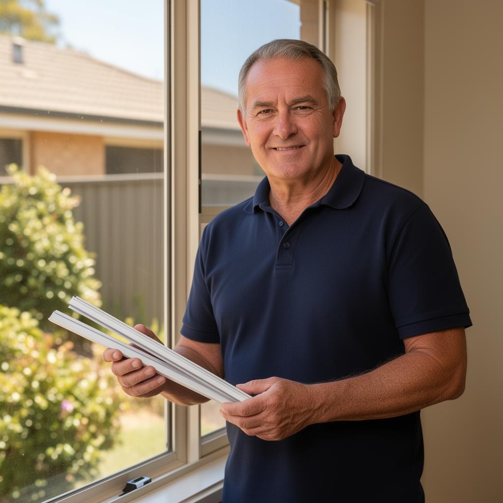 Experienced Perth window seal specialist holding seal profile samples next to a residential window